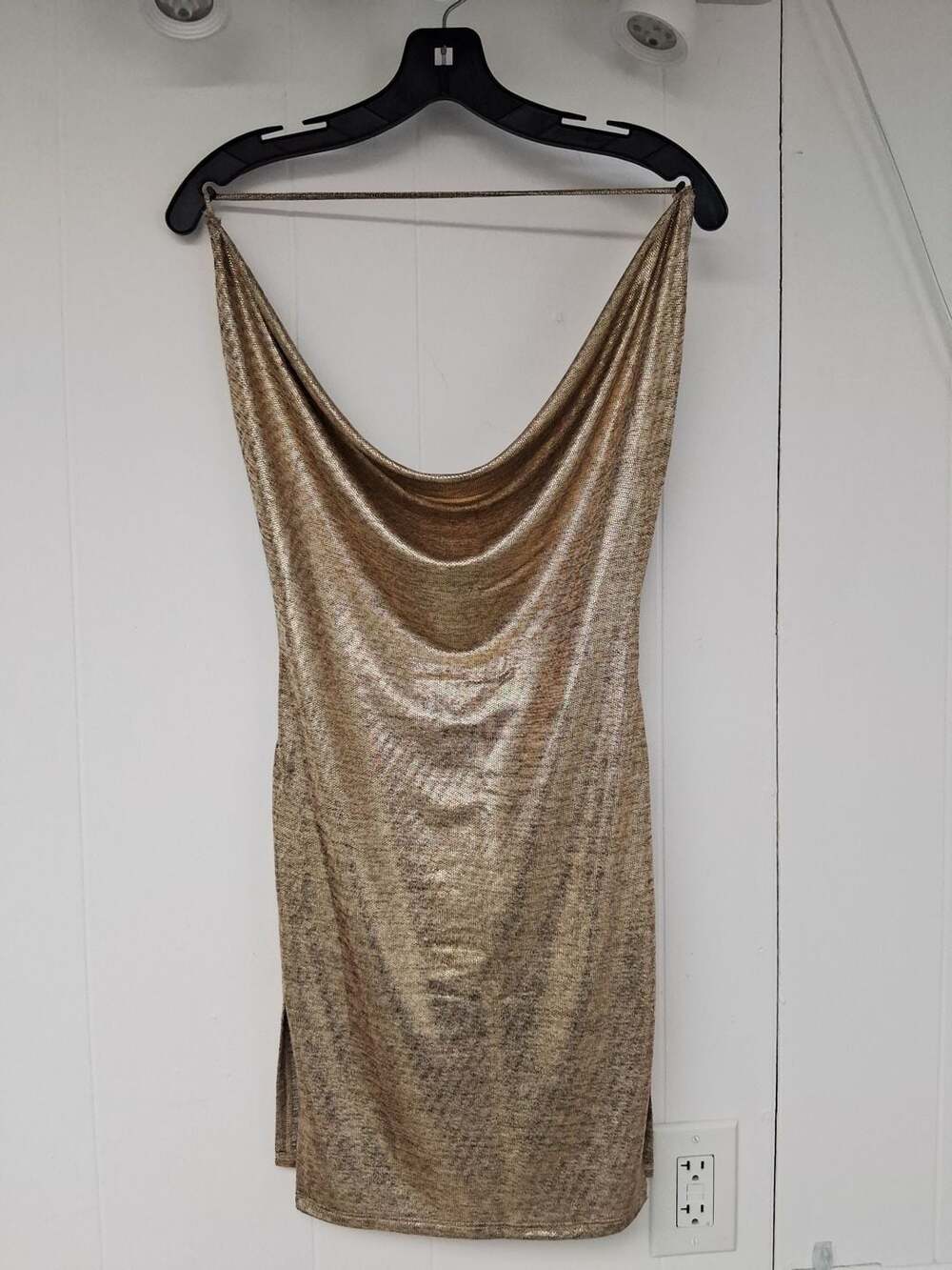 HCB Gold Liquid Metallic Cowl Neck Backless Mini Dress